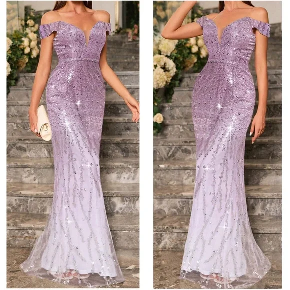 Ombre Sequin Off Shoulder Bodycon Party Formal Prom Wedding Dress - Picture 2 of 9